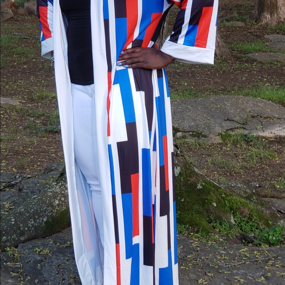 Women's Long Geometric Print Duster Coat - Blue/Red/Black